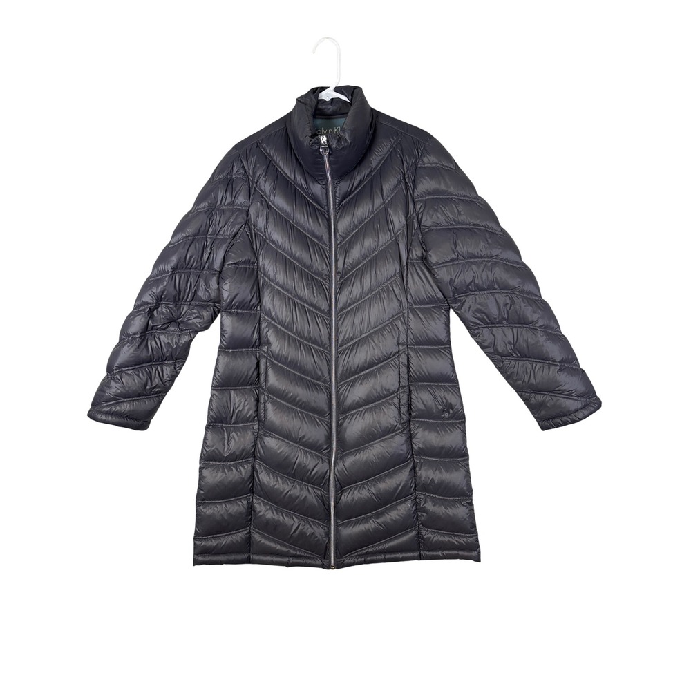 Calvin Klein Women Packable Down Puffer Coat Gray Chevron Quilted Large CW312100